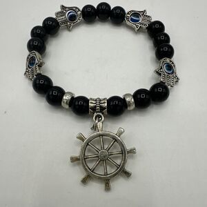 Nautical Beaded Bracelet Navy Blue Silver Tone Charm Pirate Ship Wheel Stretch